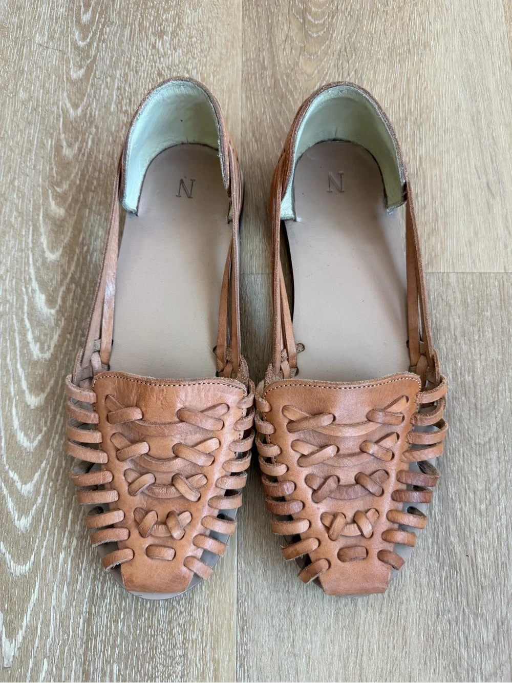 Nisolo Woven Leather Huarache Flats in Cognac Brown